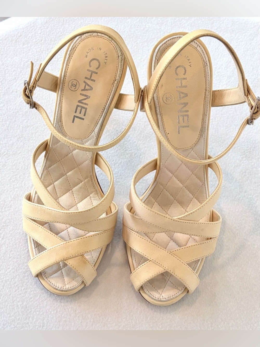 CHANEL Leather Strappy heels, Interlocking Strass CCs,quilted int, nude, 37, GUC - Picture 8 of 14